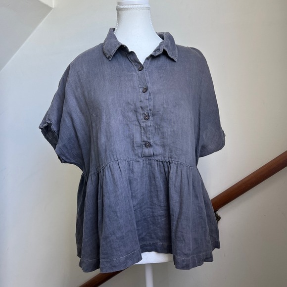 Catherine Malandrino Gray Linen Button Down Short Sleeve Peplum Babydoll Top - Picture 1 of 7